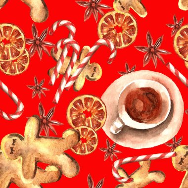 Yeni yıl ve Noel 'de suluboya elementlerin kusursuz deseni: kurabiyeler, çay fincanı, portakal dilimleri, şeker. Paket kağıdı için.