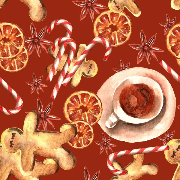 Nahtloses Muster Aus Aquarellelementen Für Neujahr Und Weihnachten Plätzchen Teetasse — Stockfoto