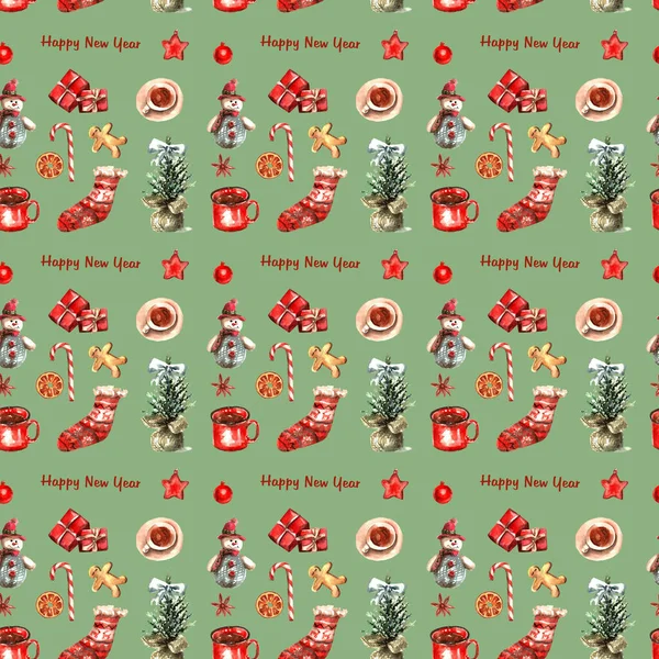 Seamless Pattern Watercolor Elements New Year Christmas Decor Print Textile — Stock Photo, Image