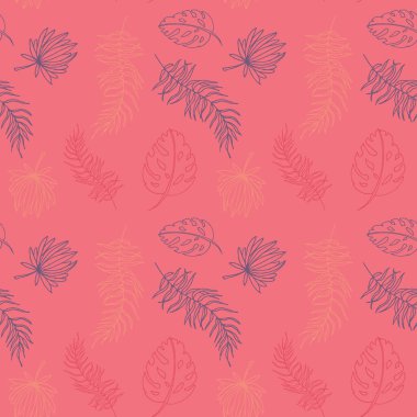 Tropikal palmiye yaprakları ve pembe arka planda canavar deseni. Kumaş ve kağıda yazdırmak için tropik arkaplan