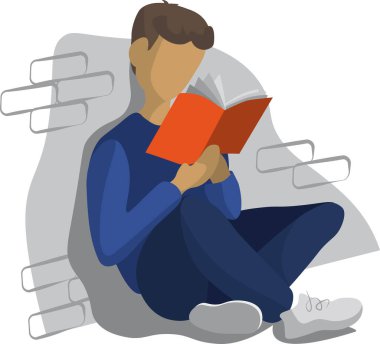 Düz bir çocuk tarzında vektör illüstrasyonu, kot ve beyaz ayakkabılı bir adam kitap okuyor, oturuyor, duvara yaslanıyor.