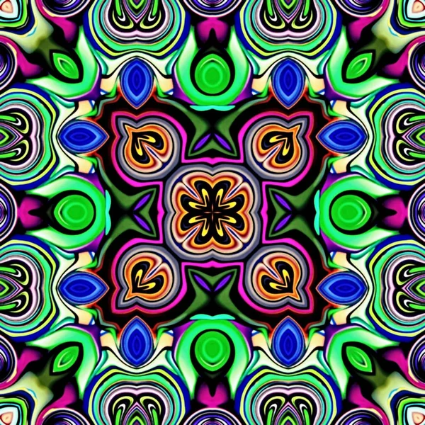计算机图形学 抽象的花卉背景 迷幻的对称装饰品的插图 传统的东方马赛克设计 地毯图案 — 图库照片