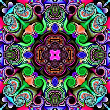 Bilgisayar grafikleri. Bir arka plan çiçek, psychedelic simetrik süsleme Illustration. Geleneksel oryantal mozaik tasarımı, halı desen, takip, duvar kağıdı için. Goblen