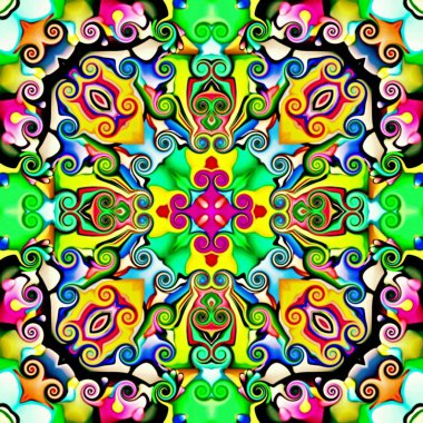 Bilgisayar grafikleri. Bir arka plan çiçek, psychedelic simetrik süsleme Illustration. Geleneksel oryantal mozaik tasarımı, halı desen, takip, duvar kağıdı için. Goblen