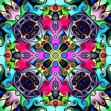 Bilgisayar grafikleri. Bir arka plan çiçek, psychedelic simetrik süsleme Illustration. Geleneksel oryantal mozaik tasarımı, halı desen, takip, duvar kağıdı için. Goblen