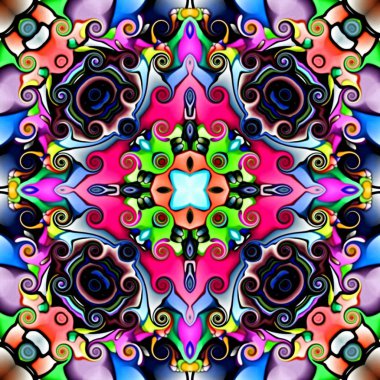 Bilgisayar grafikleri. Bir arka plan çiçek, psychedelic simetrik süsleme Illustration. Geleneksel oryantal mozaik tasarımı, halı desen, takip, duvar kağıdı için. Goblen