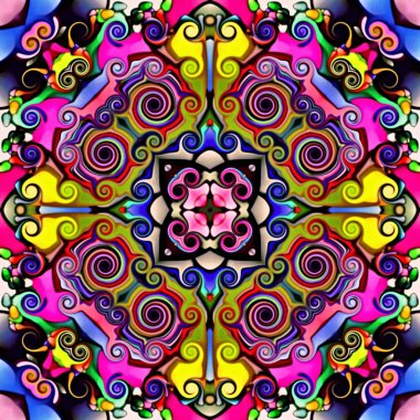 Bilgisayar grafikleri. Bir arka plan çiçek, psychedelic simetrik süsleme Illustration. Geleneksel oryantal mozaik tasarımı, halı desen, takip, duvar kağıdı için. Goblen