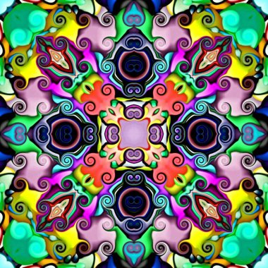 Bilgisayar grafikleri. Bir arka plan çiçek, psychedelic simetrik süsleme Illustration. Geleneksel oryantal mozaik tasarımı, halı desen, takip, duvar kağıdı için. Goblen