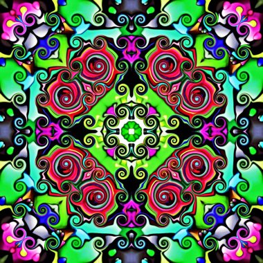 Bilgisayar grafikleri. Bir arka plan çiçek, psychedelic simetrik süsleme Illustration. Geleneksel oryantal mozaik tasarımı, halı desen, takip, duvar kağıdı için. Goblen