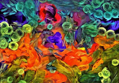 Soyut psychedelic grunge arka plan doku düzensizce bulanık noktalar ve boya konturları ile renkli.