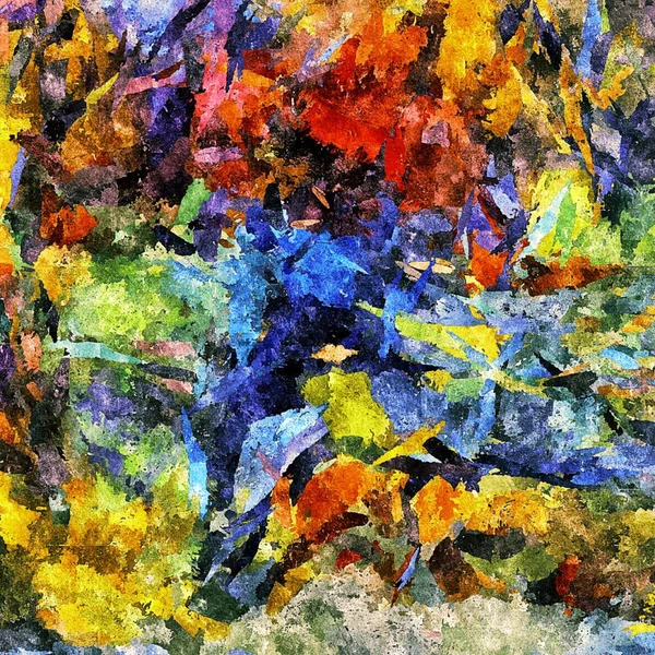 从不同画笔大小的颜色混沌画笔笔触的抽象迷幻背景水彩化 — 图库照片