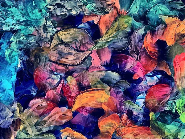 Abstract psychedelic background with the texture of applying underpainting. Computer stylization of oil strokes of paint with brushes of different shapes and sizes — Stock Photo, Image