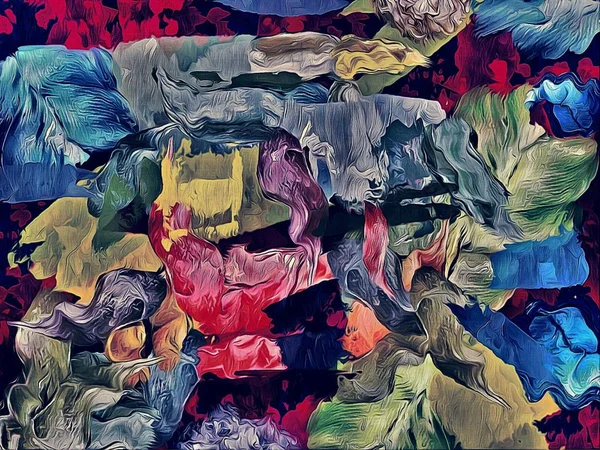 Абстрактний психоделічний фон з текстурою нанесення фарби. Комп'ютерна стилізація масляних штрихів фарби пензлями різних форм і розмірів — стокове фото