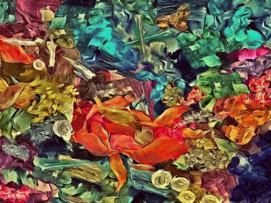 alt boya uygulanması dokulu arka plan psychedelic. Bilgisayar Stilizasyon boya petrol inmenin farklı şekil ve büyüklükte fırçaları ile