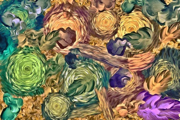 Abstracte psychedelische achtergrond met de textuur van de toepassing van de voorbewerking. Computer stilering van de lijnen van de olie van verf met borstels in verschillende soorten en maten — Stockfoto