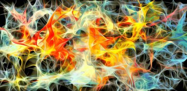 Soyut elektrik hatları, dumanlı fraktal desen, kaotik karanlık arkaplan oluşturmanın dijital illüstrasyon sanatı.