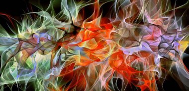 Soyut elektrik hatları, dumanlı fraktal desen, kaotik karanlık arkaplan oluşturmanın dijital illüstrasyon sanatı.