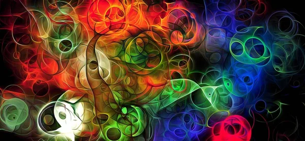 Abstract psychedelic background colored fractal hotspots arranged circles and spirals of different sizes Digital graphic design alchemy. magic — Stock Photo, Image