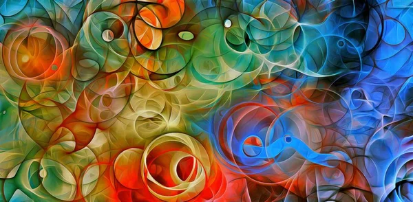 abstract psychedelic background colored fractal hotspots arranged circles and spirals of different sizes Digital graphic design alchemy. magic