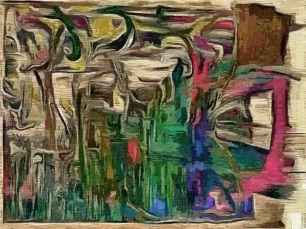 Abstrakta psykedeliska grunge bakgrund grafisk stilisering på ett texturerat duk av kaotiska suddiga linjer och slag av färg. — Stockfoto