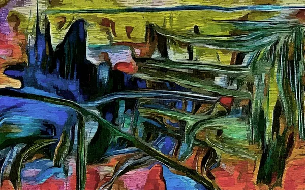 Abstracto psicodélico grunge fondo gráfico estilización en un lienzo texturizado de trazos caóticos borrosas y trazos de pintura . — Foto de Stock