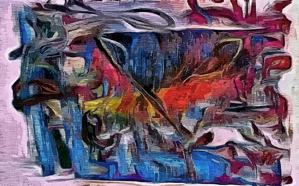 Abstraktní psychedelické grunge pozadí grafická stylizace na plátně s texturou chaotické rozmazaný tahů a tahy štětcem. — Stock fotografie