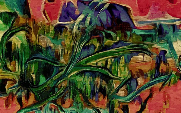 Abstrakte psychedelische Grunge-Hintergrundgrafik auf einer texturierten Leinwand aus chaotischen, verschwommenen Strichen und Farbstrichen. — Stockfoto