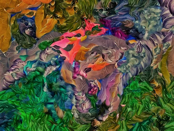 Abstrakta psykedeliska grunge bakgrund grafisk stilisering på ett texturerat duk av kaotiska suddiga linjer och slag av färg. — Stockfoto