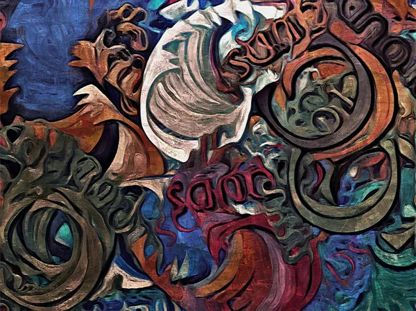 Psychedelic abstrak grunge latar belakang grafis stilisasi pada tekstur kanvas dari goresan kabur dan goresan cat . — Stok Foto