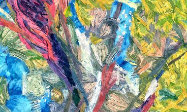 Soyut arkaplan. Renkli boya fırça darbelerinin psikedelik dokusu bulanık çizgiler ve farklı şekil ve boyutlarda benekler..