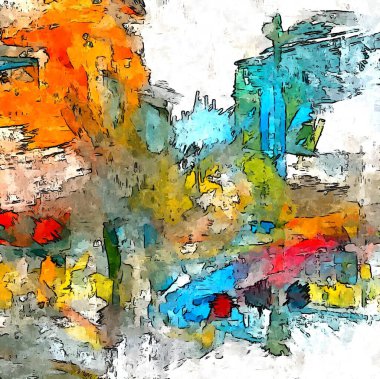 Renkli boya darbelerinin dokusu, farklı boyutlarda ve şekillerde fırçalarla bulanık noktalar. Stilize suluboya, yağ grunge arkaplan.