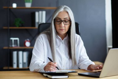 İnternette çalışan güzel, gülümseyen yaşlı bir kadının portresi. Çevrimiçi eğitim, uzaktan çalışma, evde eğitim. Not defterine yazan gri saçlı son sınıf öğrencisi. Olgun insanlar çevrimiçi kurslar öğreniyor