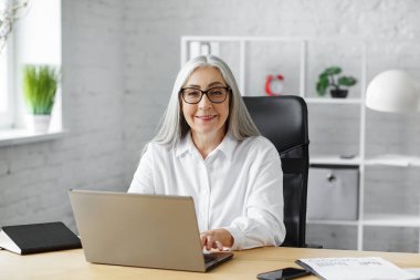 Ofiste dizüstü bilgisayarla çalışan gri saçlı kıdemli iş adamı. İş yerinde oturan, gülümseyen, gözlüklü yaşlı bir kadının iş portresi. Bilgisayarlı olgun insanlar