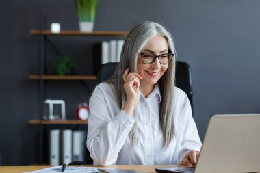 Ofiste dizüstü bilgisayarla çalışan gri saçlı kıdemli iş adamı. İş yerinde oturan, gülümseyen, gözlüklü yaşlı bir kadının iş portresi. Bilgisayarlı olgun insanlar