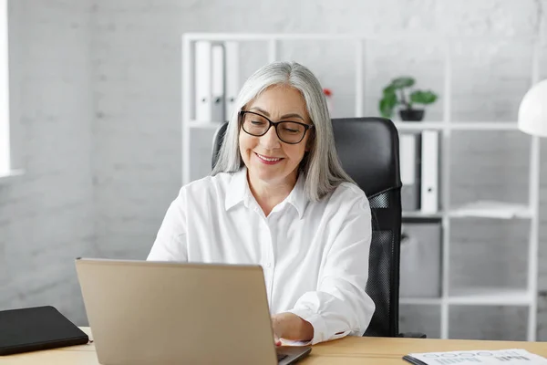 Hombre de negocios de pelo gris que trabaja en la oficina con un portátil. Retrato de negocios de una hermosa anciana sonriente con anteojos sentados en el lugar de trabajo. Personas maduras con ordenadores —  Fotos de Stock