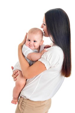 Anne ve bebek, yeni doğan çocuk, üst mutlu Çocuk annesiyle eller
