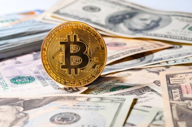 Farklı dolar zemin üzerine altın bitcoin.