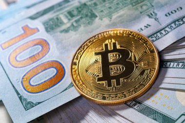 Bitcoin altın sikke doları arka plan üzerinde. Cryptocurrency. İş ve ticaret kavramı. Portre 