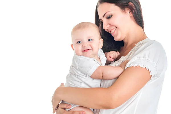 Moeder Baby Spelen Glimlachen Gelukkige Familie Witte Achtergrond — Stockfoto