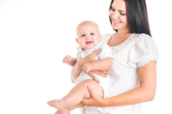 Moeder Baby Kind Lacht Gelukkige Familie Witte Achtergrond — Stockfoto