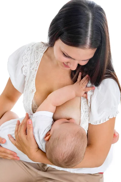 Madre Joven Dando Leche Materna Bebé Sobre Fondo Blanco — Foto de Stock