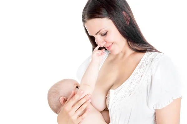 Mãe Feliz Amamentando Bebê Isolado Branco — Fotografia de Stock