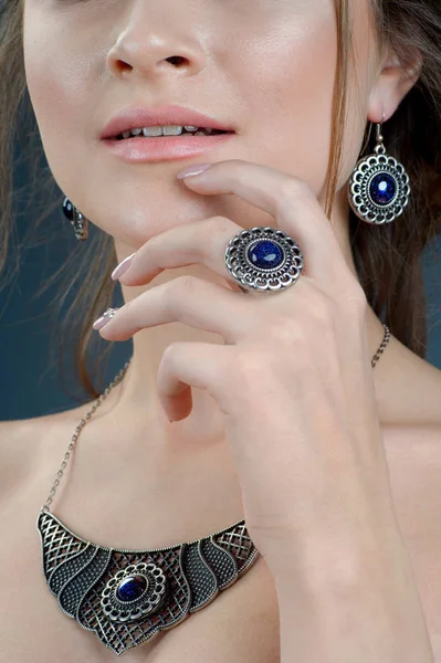 Silver Ring Finger Close Female Model Wearing Ethnic Jewelry — Stock Photo, Image