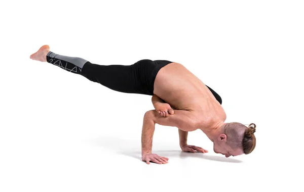 Man Doing Yoga Exercises Studio Shot White Isolated Background — Stock Photo, Image