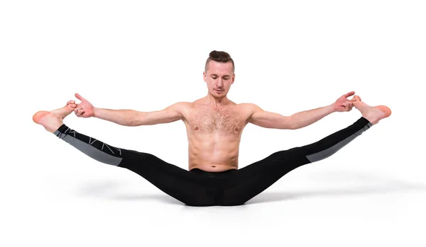 Young Strong Man Doing Yoga Exercises Studio Shot White Background — Stock Photo, Image