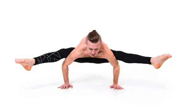 Young Strong Man Doing Yoga Exercises Handstand Studio Shot Isolated — Stock Photo, Image