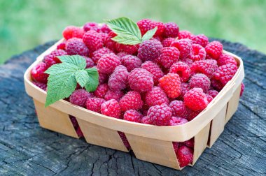 Yeşil yaprakları ile ahududu sepet içinde taze ahududu