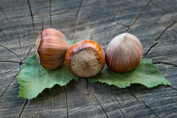 Avellanas Cerca Con Hojas Sobre Fondo Madera Viejo —  Fotos de Stock