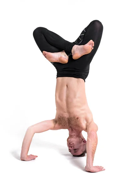 Handsome Muscular Male Doing Yoga Exercises Handstand Studio Shot White — Stock Photo, Image