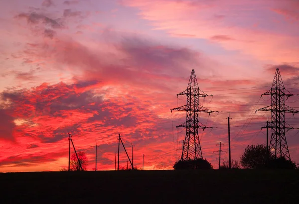 Захід Сонця Встановленні Небо Сонце Електричним Лініях Вежі — стокове фото